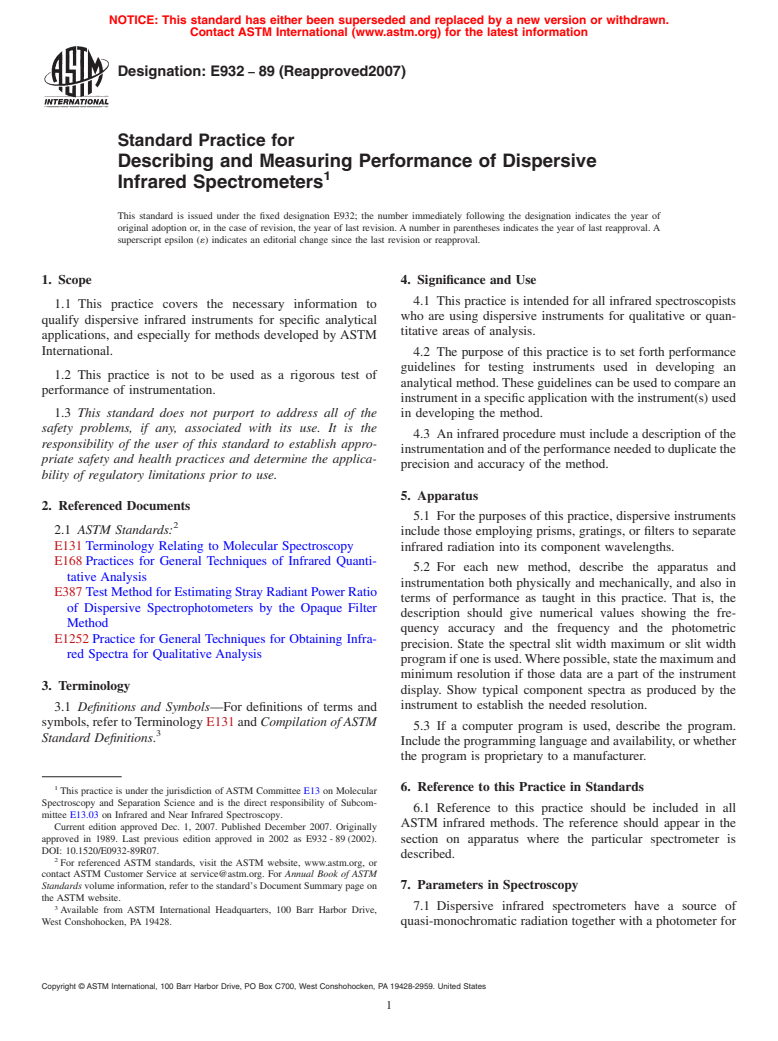 ASTM E932-89(2007) - Standard Practice for Describing and Measuring Performance of Dispersive Infrared Spectrometers