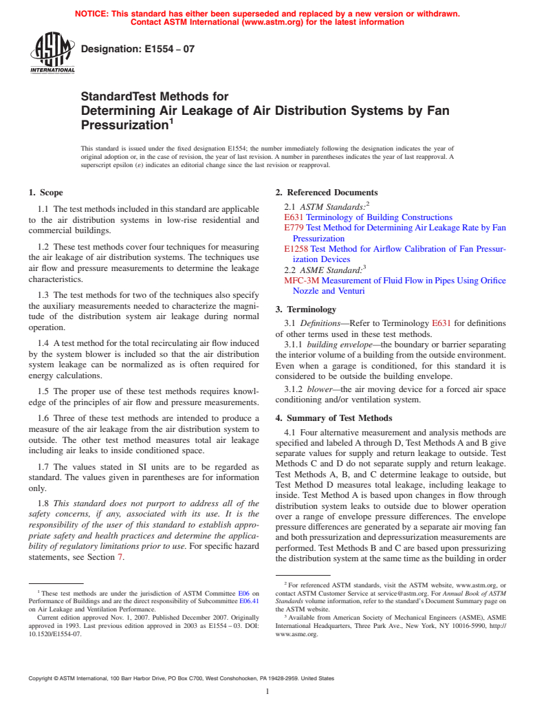 ASTM E1554-07 - Standard Test Methods for Determining Air Leakage of Air Distribution Systems by Fan Pressurization