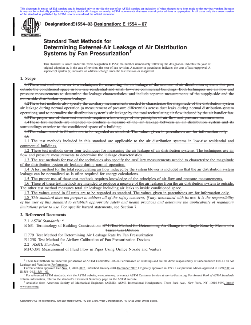 REDLINE ASTM E1554-07 - Standard Test Methods for Determining Air Leakage of Air Distribution Systems by Fan Pressurization