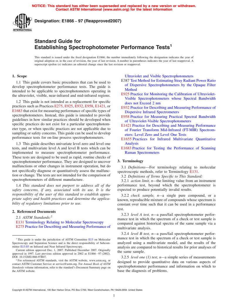 ASTM E1866-97(2007) - Standard Guide for  Establishing Spectrophotometer Performance Tests