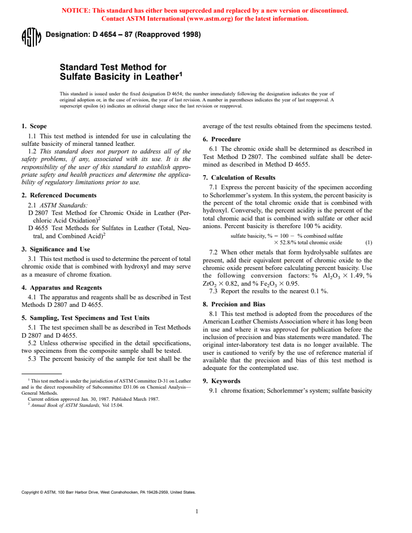 ASTM D4654-87(1998) - Standard Test Method for Sulfate Basicity in Leather
