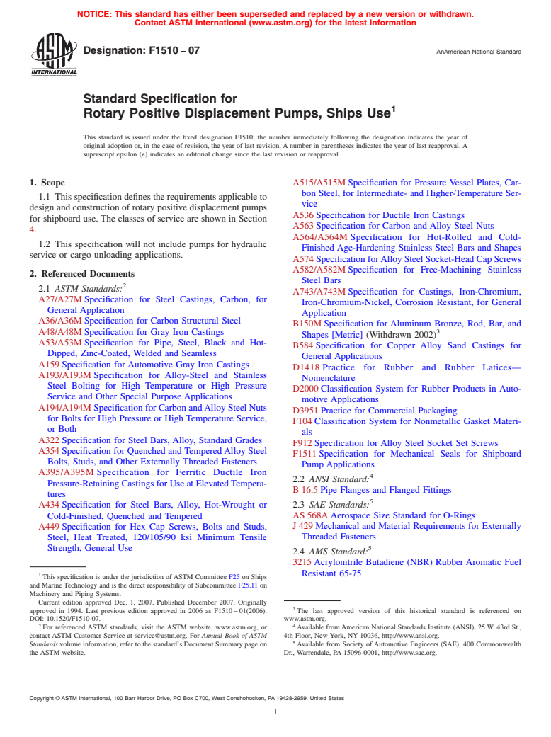 ASTM F1510-07 - Standard Specification for Rotary Positive Displacement Pumps, Ships Use