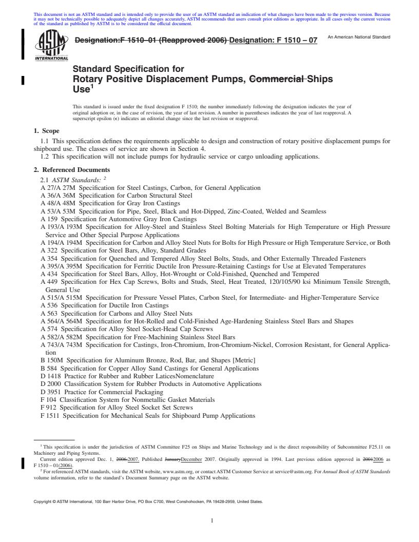 REDLINE ASTM F1510-07 - Standard Specification for Rotary Positive Displacement Pumps, Ships Use