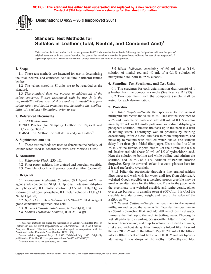 ASTM D4655-95(2001) - Standard Test Methods for Sulfates in Leather (Total, Neutral, and Combined Acid)