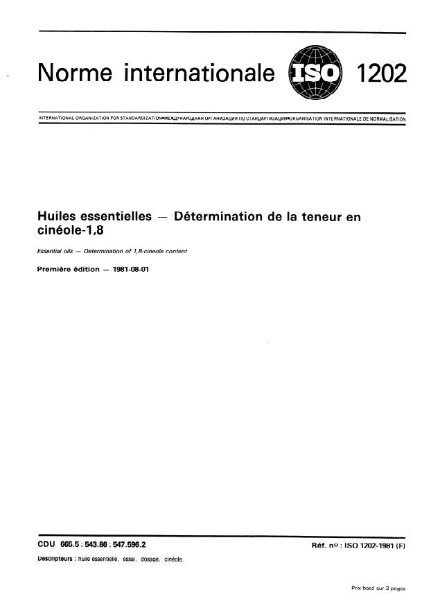 ISO 1202:1981 - Huiles essentielles -- Détermination de la teneur en cinéole-1,8
