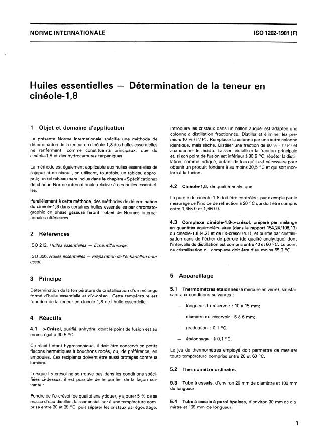 ISO 1202:1981 - Huiles essentielles -- Détermination de la teneur en cinéole-1,8