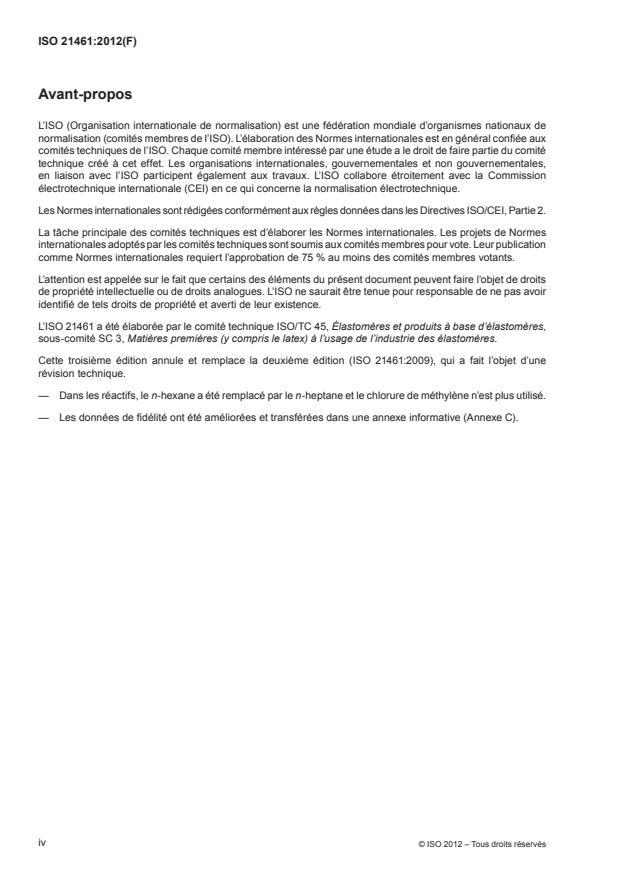 ISO 21461:2012 ISO 21461:2012 - Caoutchouc -- Détermination de l'aromaticité des huiles dans les mélanges vulcanisés - Page 4 preview
