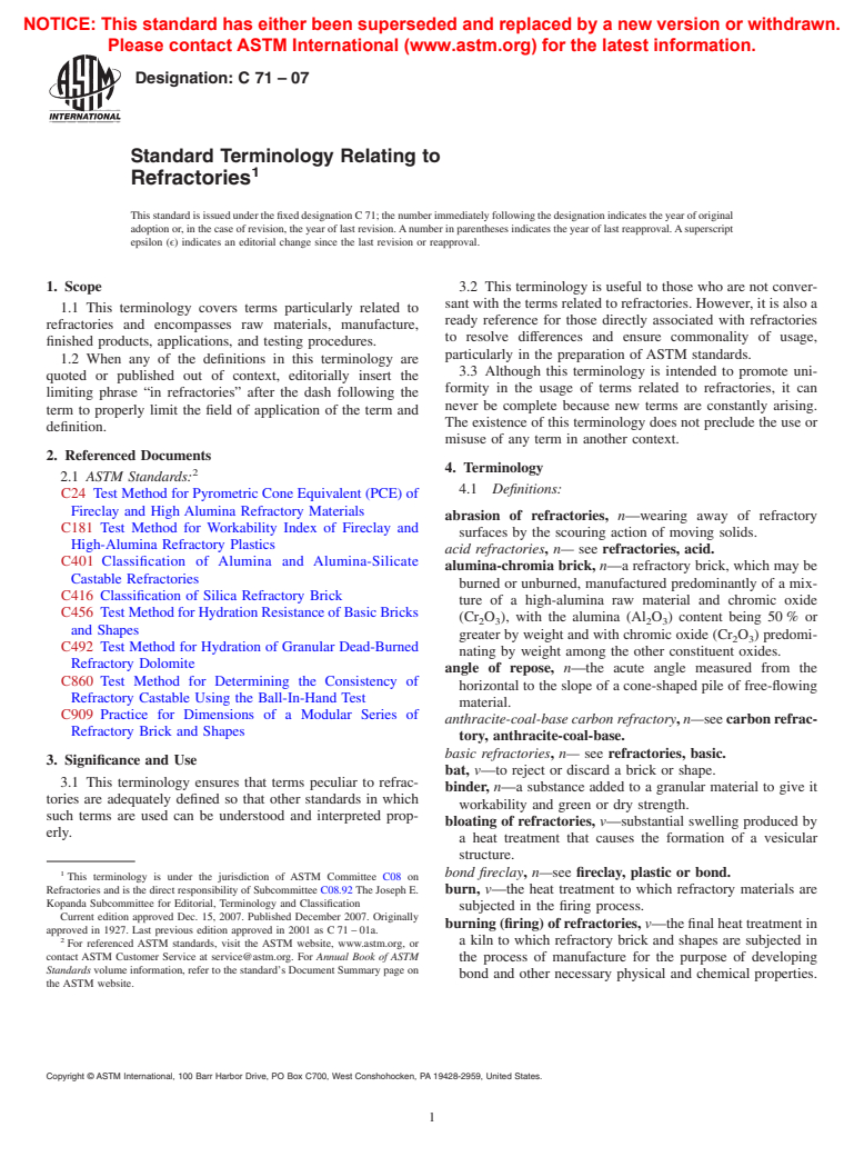 ASTM C71-07 - Standard Terminology Relating to  Refractories