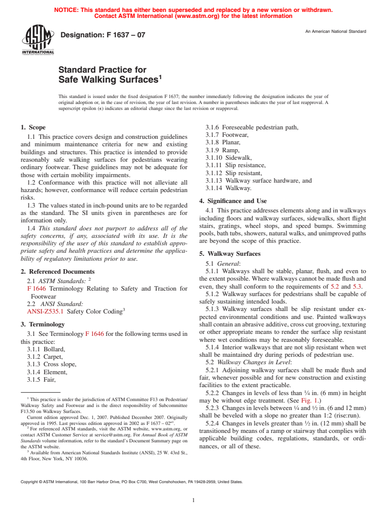 ASTM F1637-07 - Standard Practice for  Safe Walking Surfaces