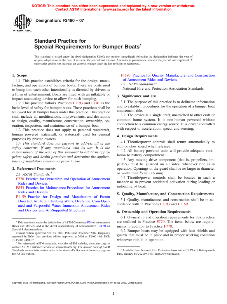 ASTM F2460-07 - Standard Practice for Special Requirements for Bumper Boats