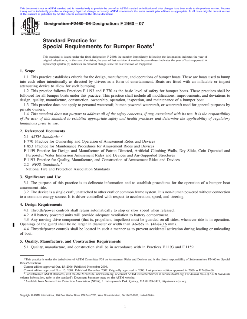 REDLINE ASTM F2460-07 - Standard Practice for Special Requirements for Bumper Boats