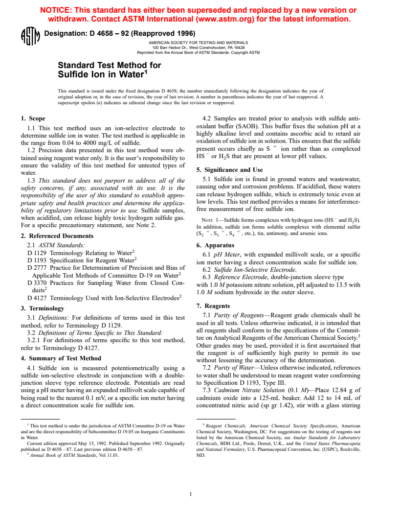 ASTM D4658-92(1996) - Standard Test Method for Sulfide Ion in Water