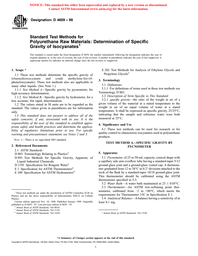 ASTM D4659-98 - Standard Test Methods for Polyurethane Raw Materials  Determination of Specific Gravity of Isocyanates