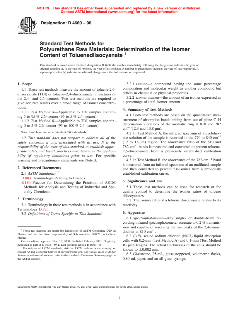 ASTM D4660-00 - Standard Test Methods for Polyurethane Raw Materials: Determination of the Isomer Content of Toluenediisocyanate