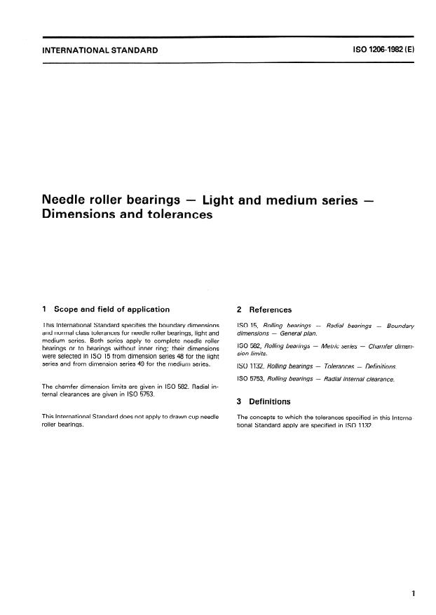 ISO 1206:1982 - Needle roller bearings -- Light and medium series -- Dimensions and tolerances