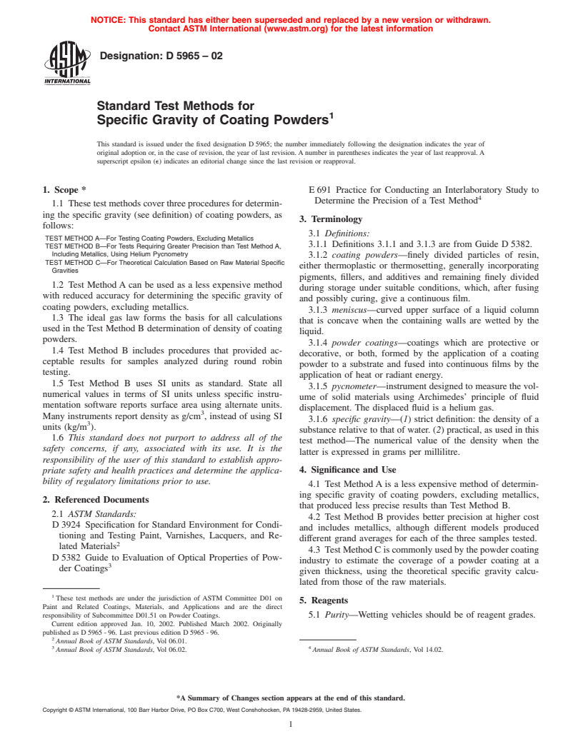 ASTM D5965-02 - Standard Test Methods for Specific Gravity of Coating Powders