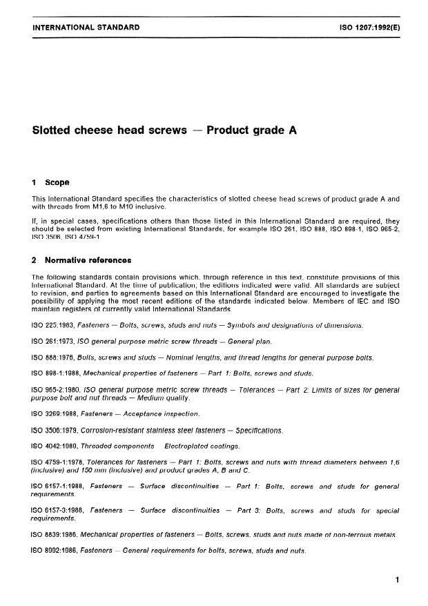 ISO 1207:1992 - Slotted cheese head screws -- Product grade A