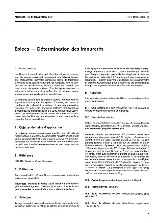 ISO 1208:1982 - Épices -- Détermination des impuretés