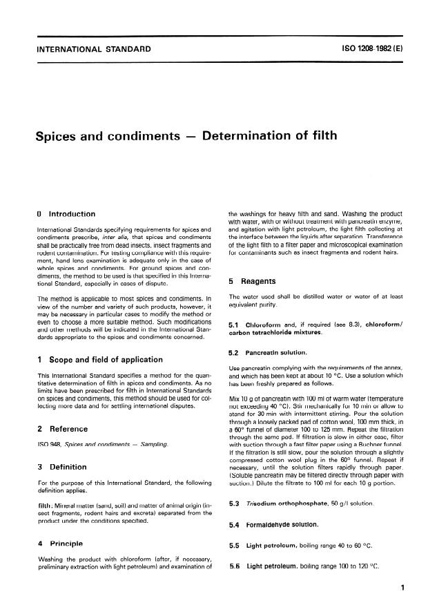 ISO 1208:1982 - Spices and condiments -- Determination of filth