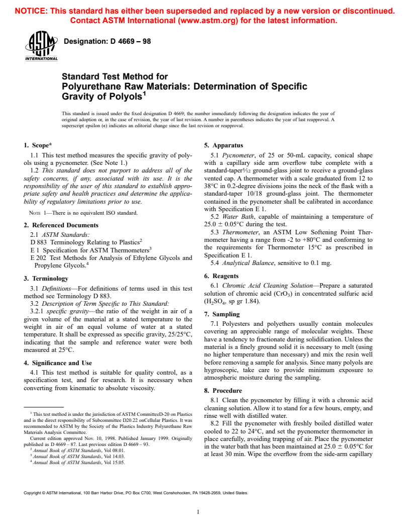 ASTM D4669-98 - Standard Test Method for Polyurethane Raw Materials  Determination of Specific Gravity of Polyols