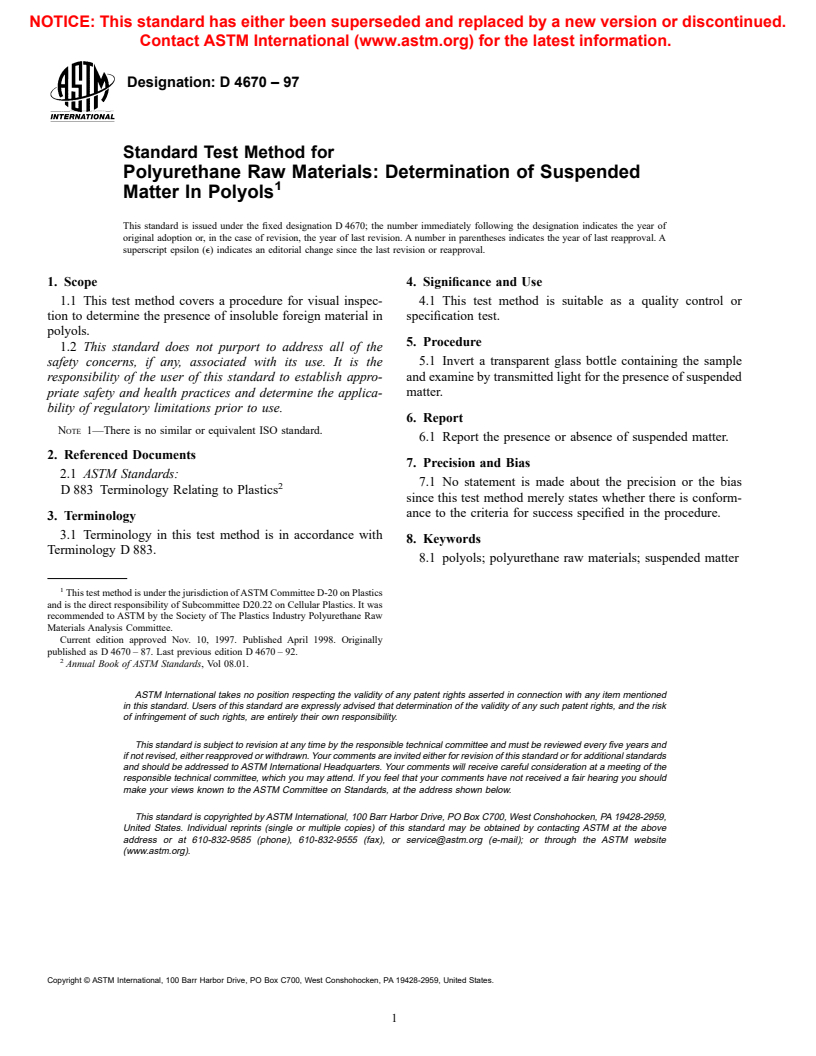 ASTM D4670-97 - Standard Test Method for Polyurethane Raw Materials  Determination of Suspended Matter In Polyols