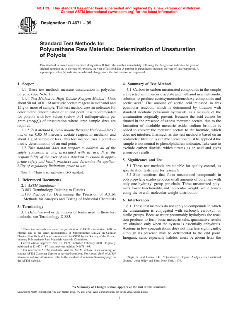 ASTM D4671-99 - Standard Test Method for Polyurethane Raw Materials  Determination of Unsaturation of Polyols