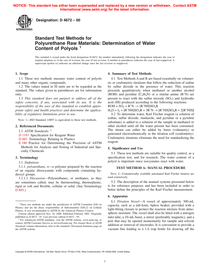 ASTM D4672-00 - Standard Test Methods for Polyurethane Raw Materials Determination of Water Content of Polyols