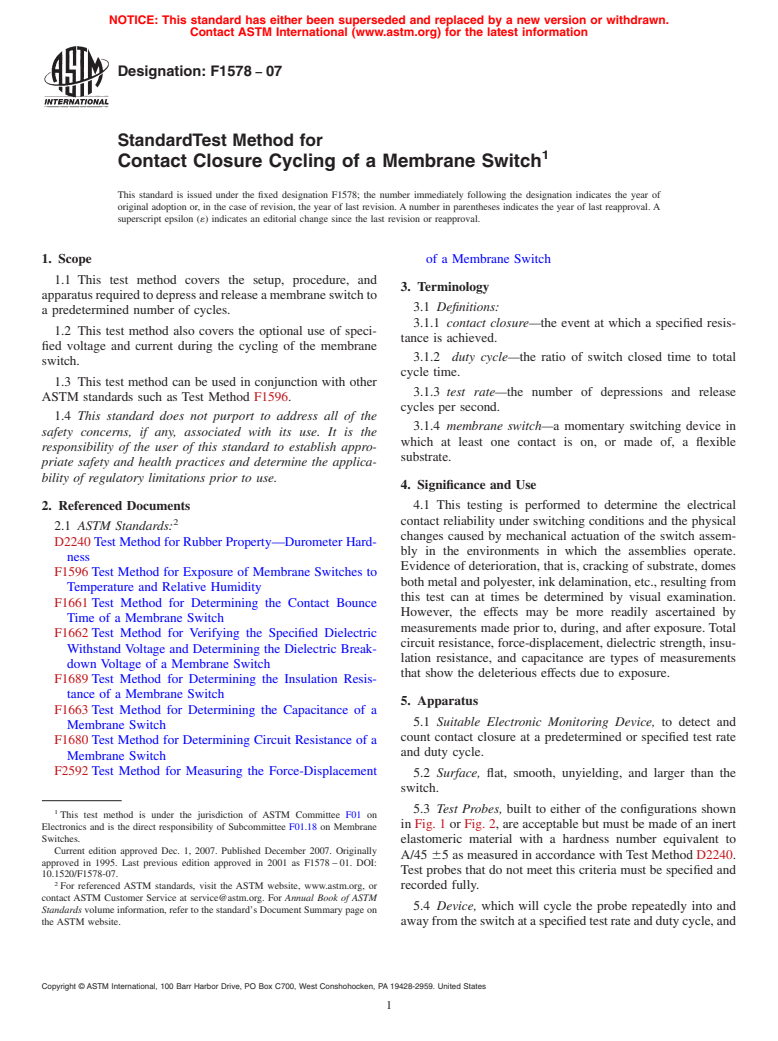 ASTM F1578-07 - Standard Test Method for  Contact Closure Cycling of a Membrane Switch