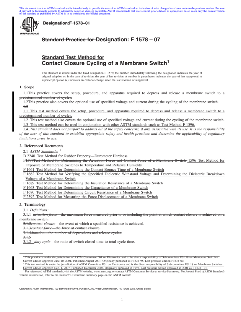 REDLINE ASTM F1578-07 - Standard Test Method for  Contact Closure Cycling of a Membrane Switch