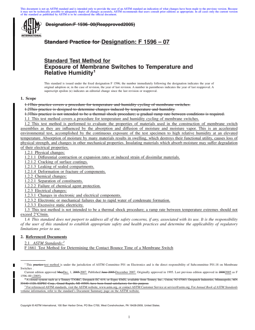 REDLINE ASTM F1596-07 - Standard Test Method for  Exposure of Membrane Switches to Temperature and Relative Humidity