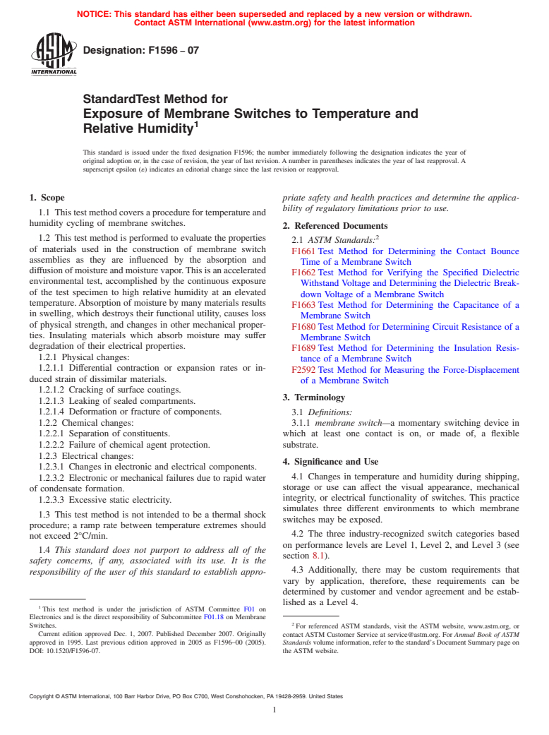 ASTM F1596-07 - Standard Test Method for  Exposure of Membrane Switches to Temperature and Relative Humidity