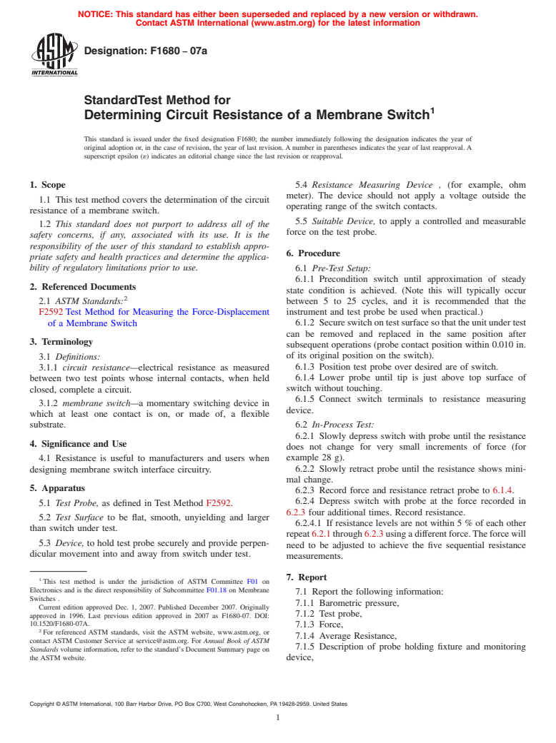 ASTM F1680-07a - Standard Test Method for  Determining Circuit Resistance of a Membrane Switch