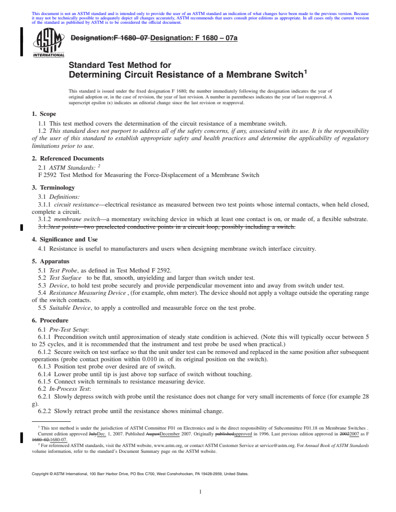 REDLINE ASTM F1680-07a - Standard Test Method for  Determining Circuit Resistance of a Membrane Switch