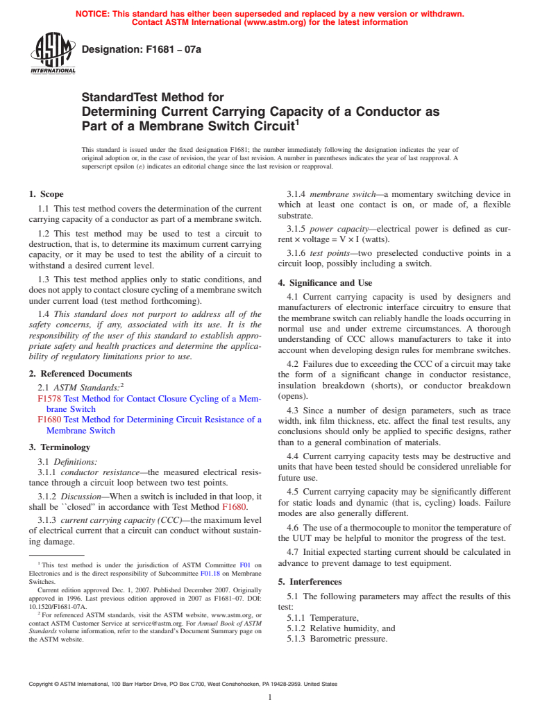 ASTM F1681-07a - Standard Test Method for  Determining Current Carrying Capacity of a Conductor as Part of a Membrane Switch Circuit