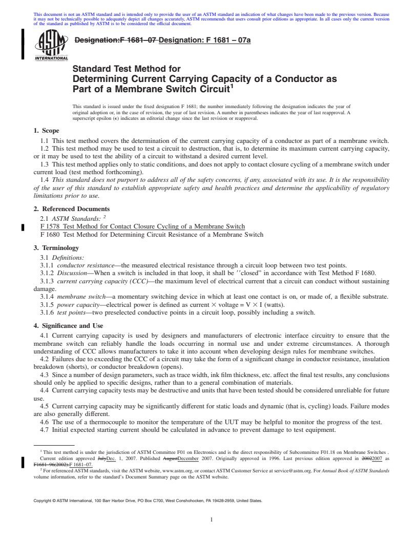 REDLINE ASTM F1681-07a - Standard Test Method for  Determining Current Carrying Capacity of a Conductor as Part of a Membrane Switch Circuit