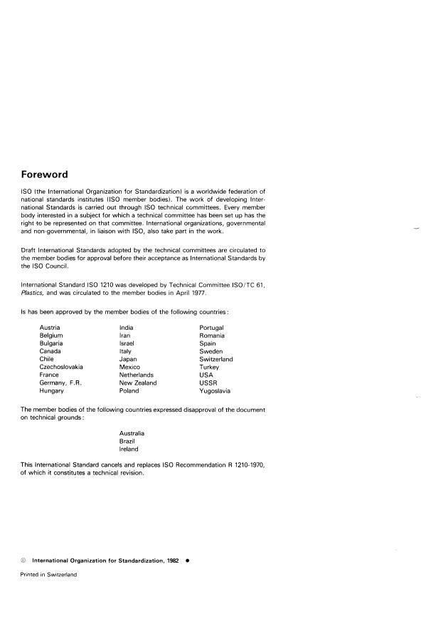 ISO 1210:1982 ISO 1210:1982 - Plastics -- Determination of flammability characteristics of plastics in the form of small specimens in contact with a small flame - Page 2 preview