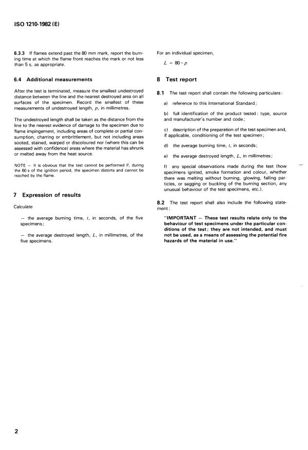 ISO 1210:1982 ISO 1210:1982 - Plastics -- Determination of flammability characteristics of plastics in the form of small specimens in contact with a small flame - Page 4 preview