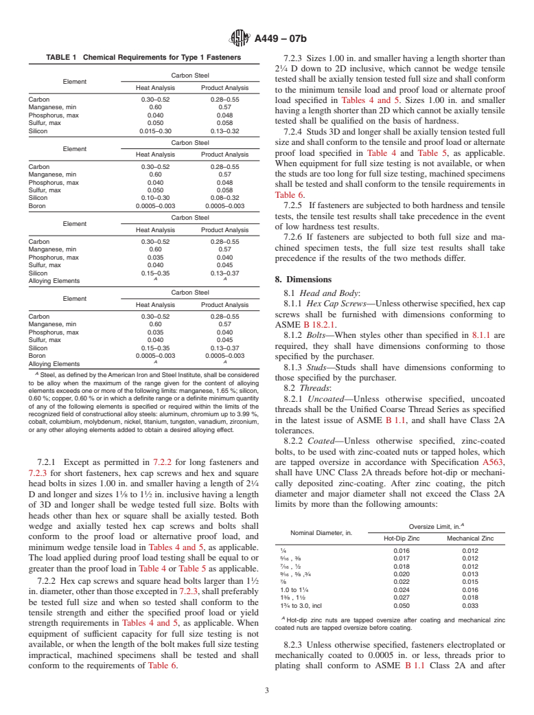 ASTM A449-07b - Standard Specification for  Hex Cap Screws, Bolts and Studs, Steel, Heat Treated, 120/105/90 ksi Minimum Tensile Strength, General Use