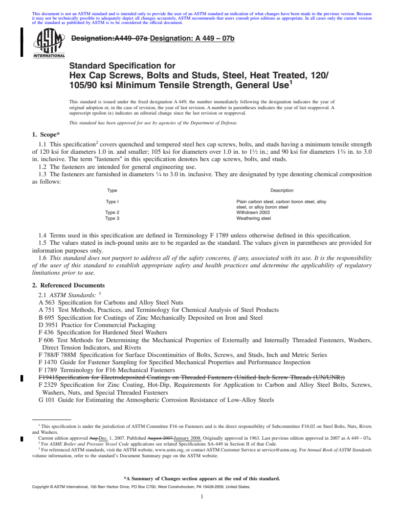 REDLINE ASTM A449-07b - Standard Specification for  Hex Cap Screws, Bolts and Studs, Steel, Heat Treated, 120/105/90 ksi Minimum Tensile Strength, General Use