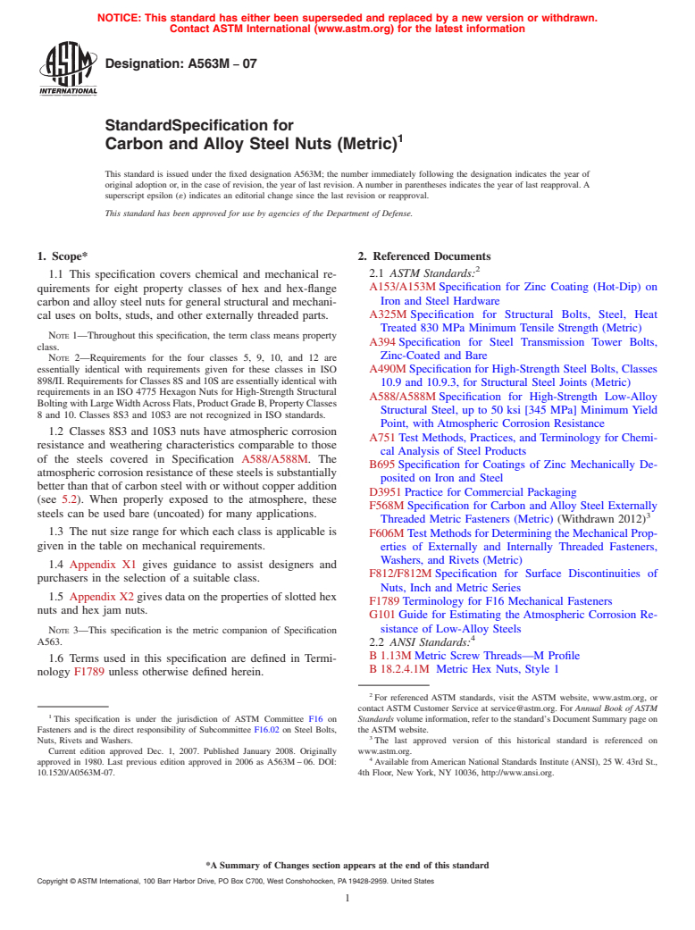 ASTM A563M-07 - Standard Specification for  Carbon and Alloy Steel Nuts [Metric]