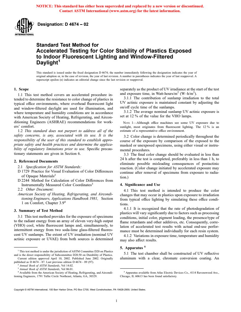 ASTM D4674-02 - Standard Test Method for Accelerated Testing for Color Stability of Plastics Exposed to Indoor Fluorescent Lighting and Window-Filtered Daylight