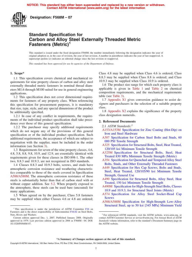 ASTM F568M-07 - Standard Specification for  Carbon and Alloy Steel Externally Threaded Metric Fasteners (Withdrawn 2012)