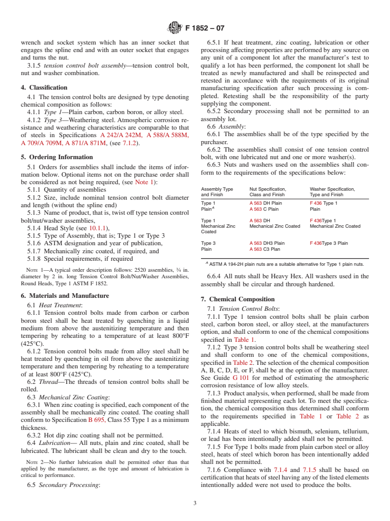 ASTM F1852-07 - Standard Specification for <span class='unicode'>&#x201C;</span>Twist Off<span class='unicode'>&#x201D;</span> Type Tension Control Structural Bolt/Nut/Washer Assemblies, Steel, Heat Treated, 120/105 ksi Minimum Tensile Strength