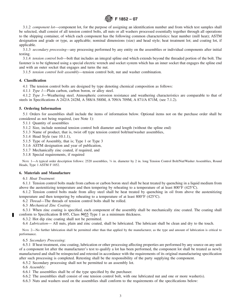 REDLINE ASTM F1852-07 - Standard Specification for <span class='unicode'>&#x201C;</span>Twist Off<span class='unicode'>&#x201D;</span> Type Tension Control Structural Bolt/Nut/Washer Assemblies, Steel, Heat Treated, 120/105 ksi Minimum Tensile Strength