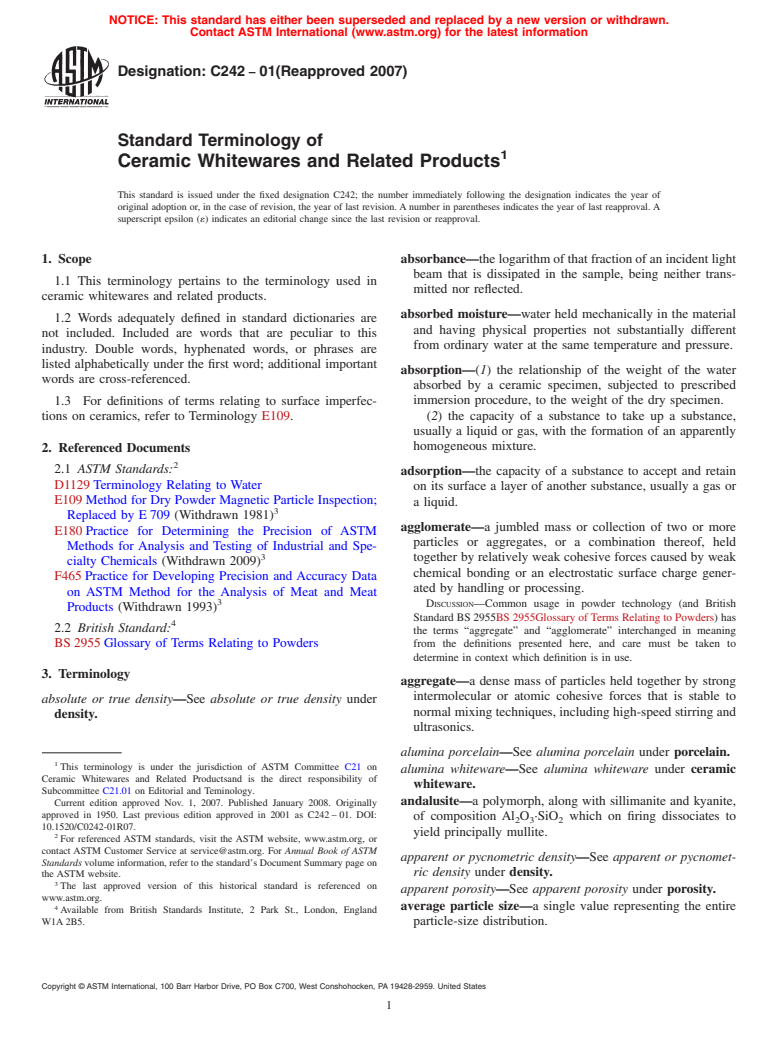 ASTM C242-01(2007) - Standard Terminology of  Ceramic Whitewares and Related Products