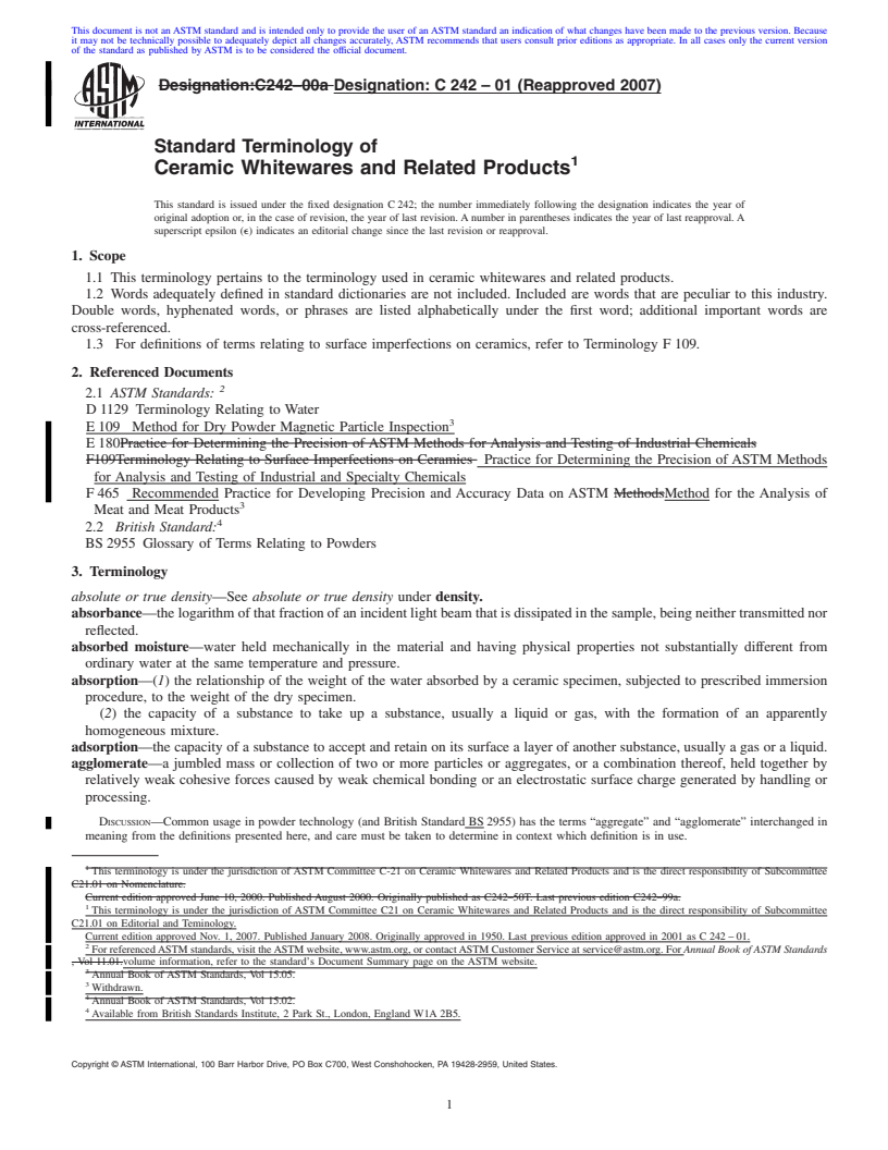 REDLINE ASTM C242-01(2007) - Standard Terminology of  Ceramic Whitewares and Related Products