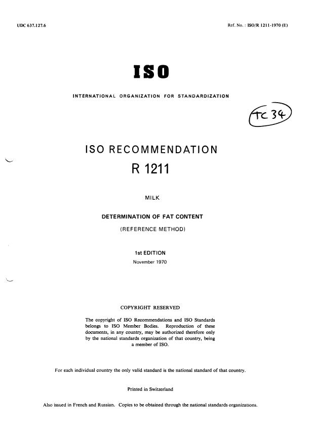 ISO/R 1211:1970 - Milk -- Determination of fat content (Reference method)