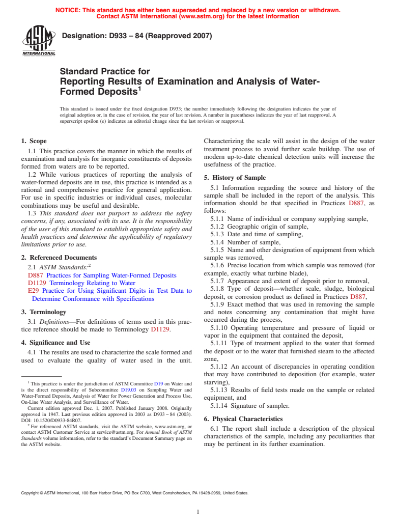 ASTM D933-84(2007) - Standard Practice for  Reporting Results of Examination and Analysis of Water-Formed Deposits