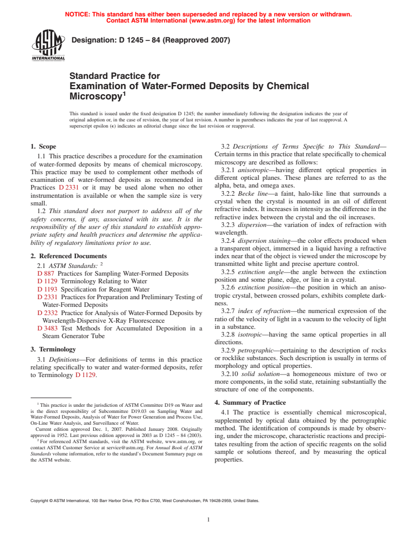 ASTM D1245-84(2007) - Standard Practice for  Examination of Water-Formed Deposits by Chemical Microscopy