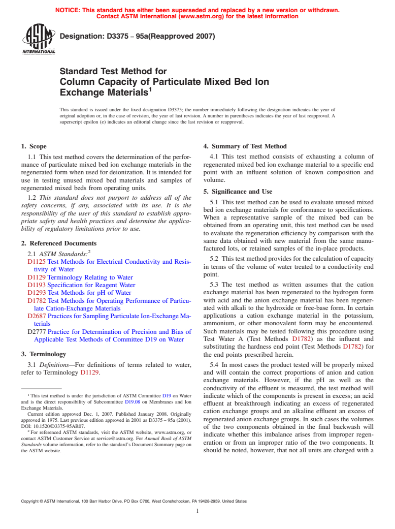 ASTM D3375-95a(2007) - Standard Test Method for  Column Capacity of Particulate Mixed Bed Ion<br> Exchange Materials (Withdrawn 2016)